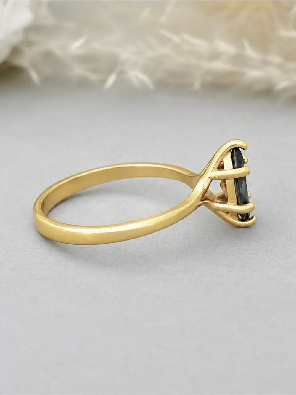 Yellow Gold Marquise Dark Gray Moissanite Diamond Sterling Silver Solitaire Ring